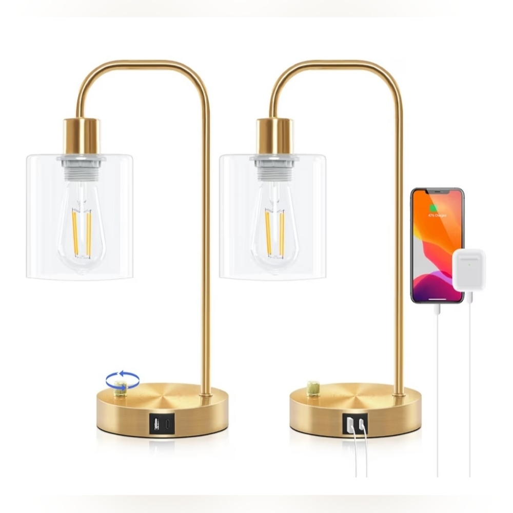 Gold Industrial 3-Way Dimmable Touch Control Table Lamps w/ USB Ports (Set of 2)